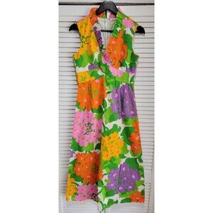 Vintage 1960s Malia Honolulu Hawaii Maxi Dress Size 8 Floral Retro Tiki Boho
